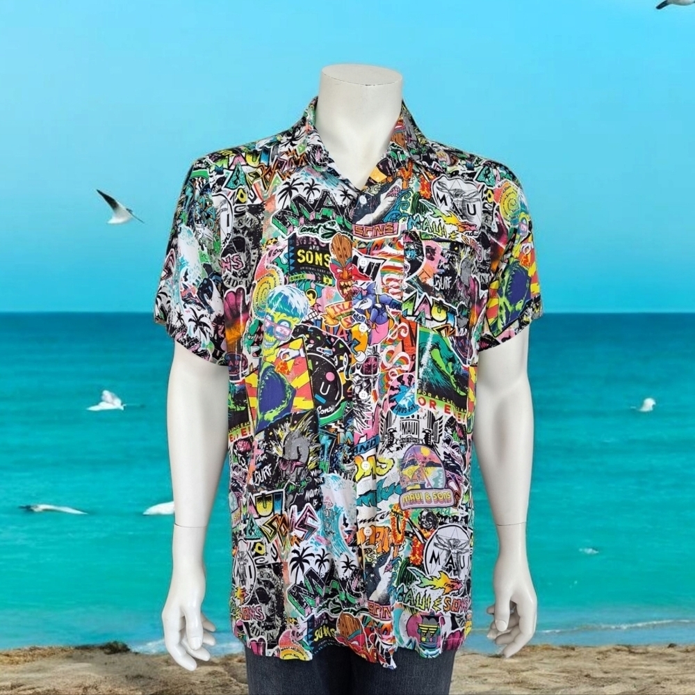 Maui & Sons Punk Shark Surf Skull All Over Print Button Up Hawaiian Men's Shirt